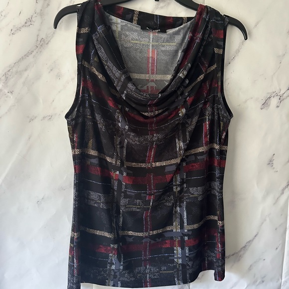NINE WEST - DRAPED NECK SLEEVELESS BLOUSE TOP PLAID DARK BLUE WOMENS MEDIUM - Picture 6 of 9